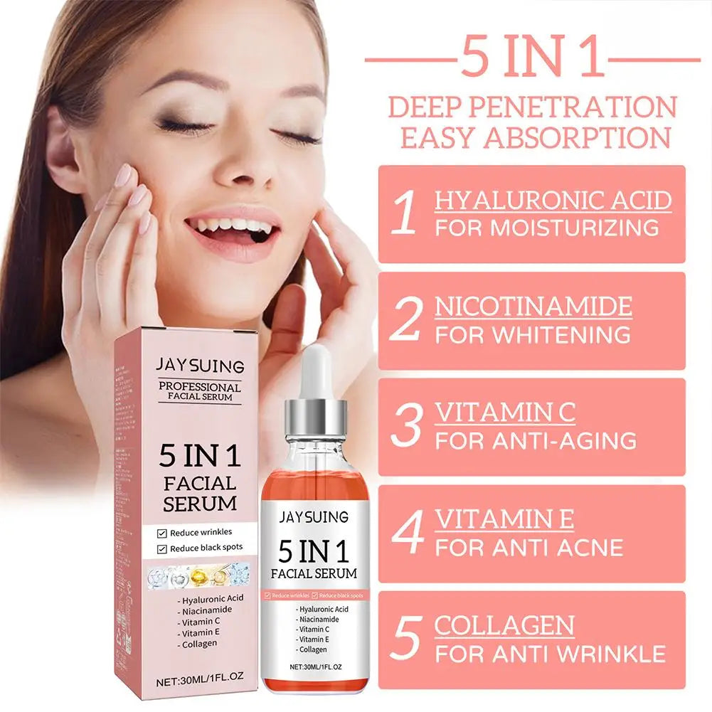5 in 1 Fade Fine Lines Firming Face Serum Moisturizing Brightening Vitamin C Hyaluronic Acid Facial Serum Shrink Pores Skin Care